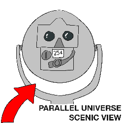 Coin operated binoculars with label 'Parallel Universe Scenic View'