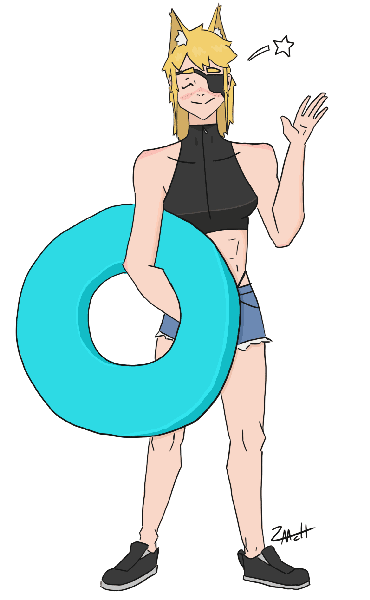 Katya in her swimwear holding an innertube